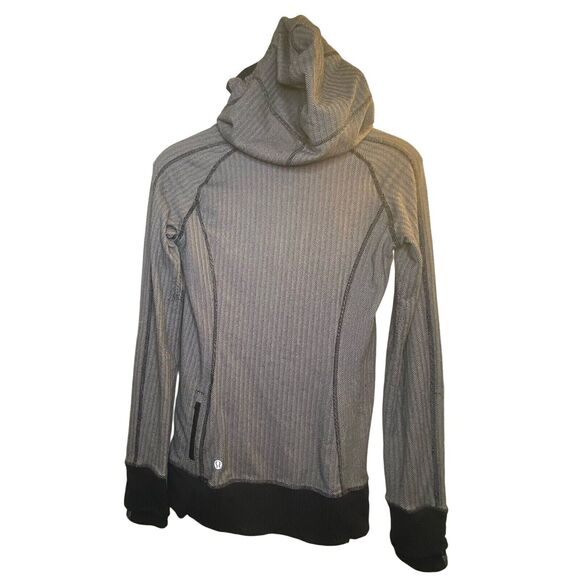 Lululemon Think Fast Hoodie Women Size 4 Heathered Herringbone Black Thumb Holes - Picture 2 of 4